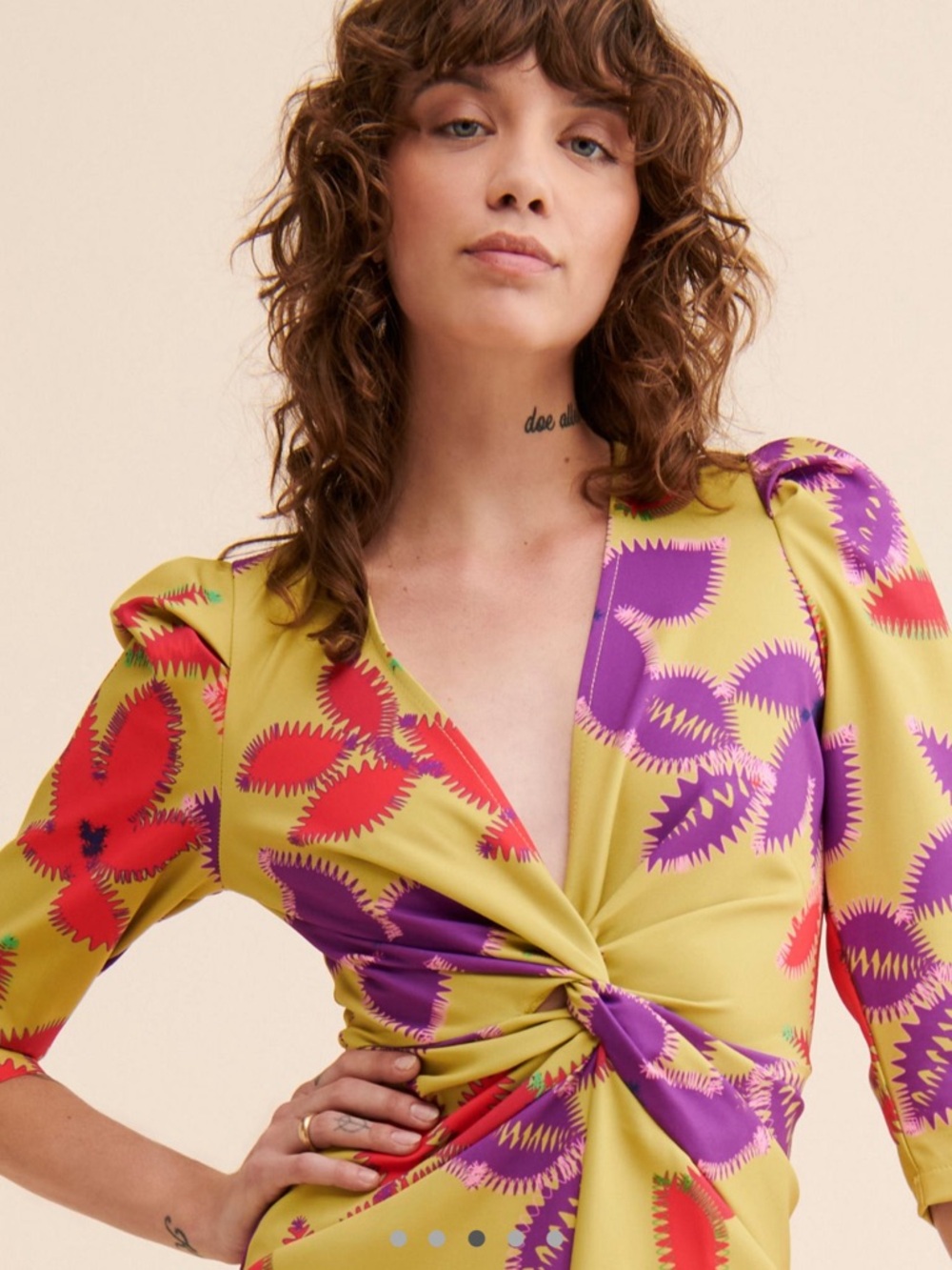 Free People/Nuuly Laagam Lea Yellow Floral Twist-Knot Midi Dress with Side Slit - Picture 3 of 4